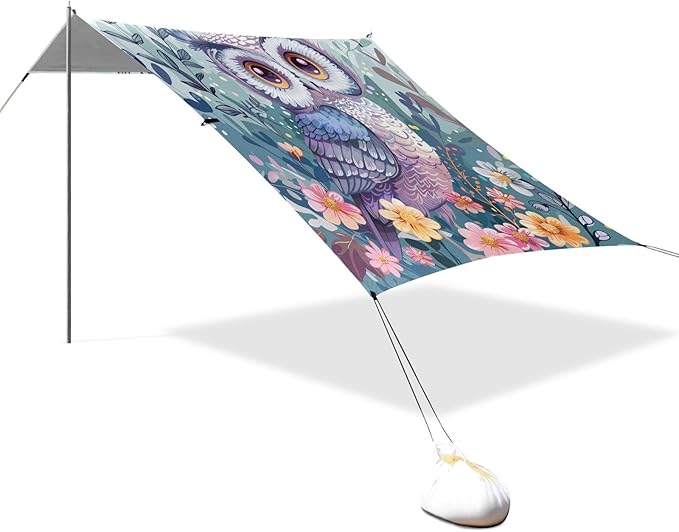 ALAZA Cute Owl Print Flowers Beach Tent Sun Shelter UPF50+ Protection Beach Shade Canopy w/ 4 Sandbags for Outdoor Camping Fishing Backyard Fun Picnic 10x9 ft