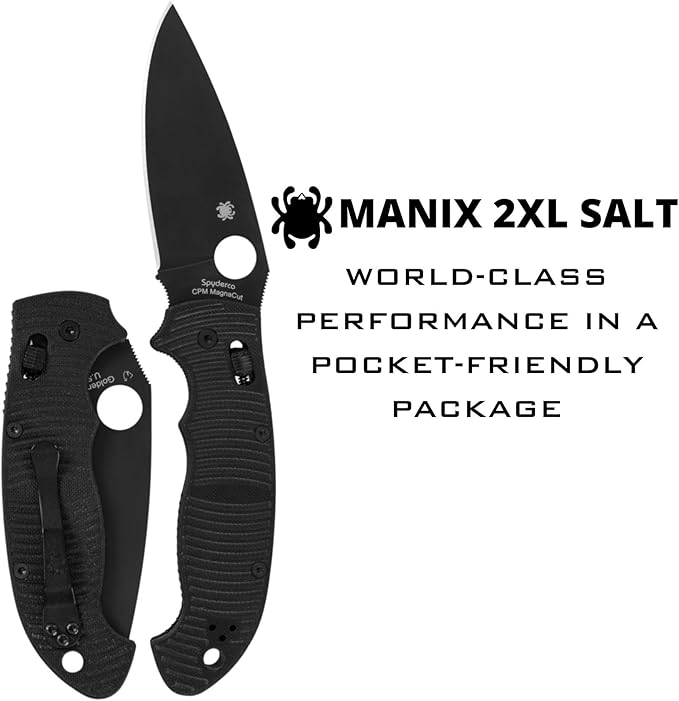 Spyderco Manix 2 XL Salt Folding Knife with 3 Black CPM MagnaCut Steel Blade and G-10 Handle - EDC Knife for Men and Women Perfect for Hunting Tactical Camping Survival - PlainEdge - C95GMCBKP2