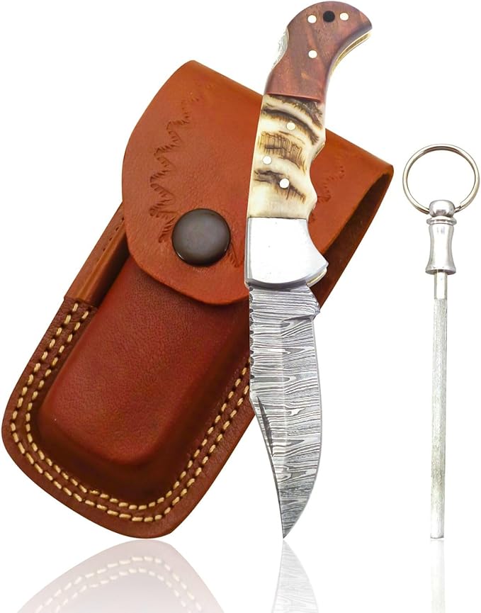 Damascus Pocket Knife for Men - 6.8 Sheep Antler Knife Handle- Pocket Knives &amp Folding Knives Back Lock Mechanism - Folding Pocket knife for Camping &amp Hiking - Christmas Gift for husband boy