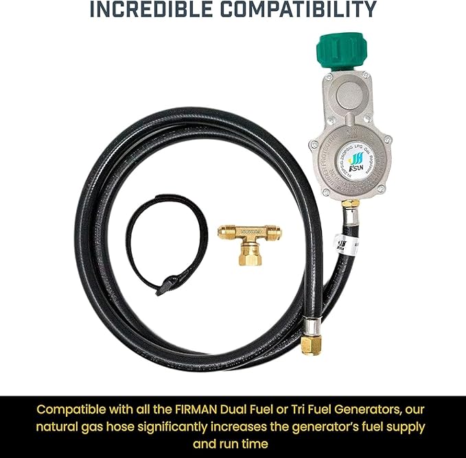 Firman 1810 LPG Tank Hose with 3-Way Fitting Integrated Regulator LP T Splitter &amp Hook and Loop Strap for Dual Fuel &amp Tri-Fuel Generators 5-Foot Hose for Extended Run Time Prevents Tank