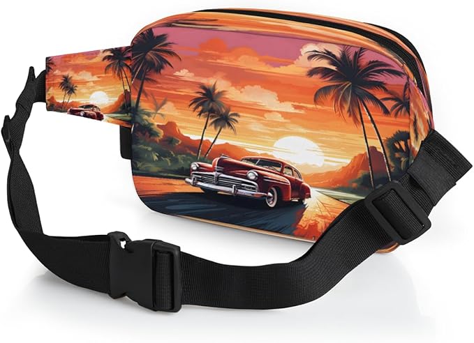 Sunset Coconut Island Tree Car Coconut Waterproof Fanny Pack for Women Men Adjustable Waist Bag with Double Zipper Pockets Lightweight Square Hip Pack for Running Travel Hiking Workout Cycling
