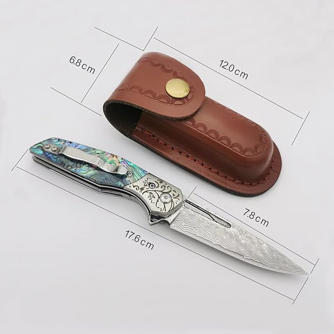 Pocket Knife Damascus Steel Blade Abalone Shell Handle Ball Bearing Pivot Sheath &amp Pocket Clip for Everyday and Outdoor Camping EDC tool Excellent Gift