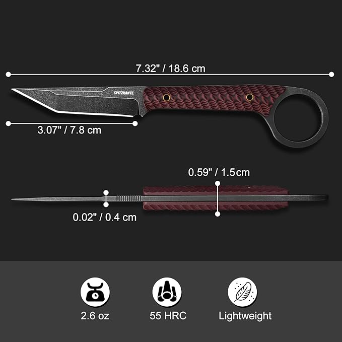 EDC Fixed Blade Knife with Finger Ring Full Tang Compact Knife with Sheath Red G10 Handle Horizontal &amp Vertical Carry Tactical Outdoor Survival Knife for Camping &amp Hunting