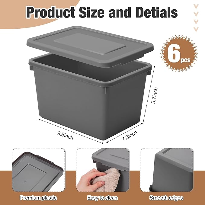 Potchen 6 Pcs Pack Cute Plastic Storage Bins with Lids Decorative Stackable Storage Boxes 9.8 ×7.3 ×5.7 Small Storing Totes for Organizing Craft Office Supplies (Grey)