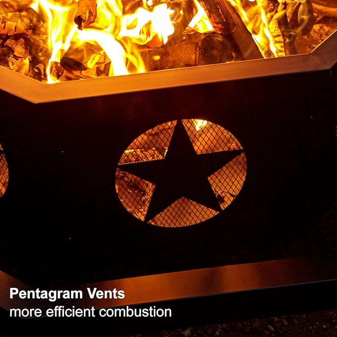 Panovue 42 inch Fire Pit for Outside Heavy Duty Wood Burning Fire Pits with Fire Poker Outdoor Octagonal Firepit for Camping Yard Patio