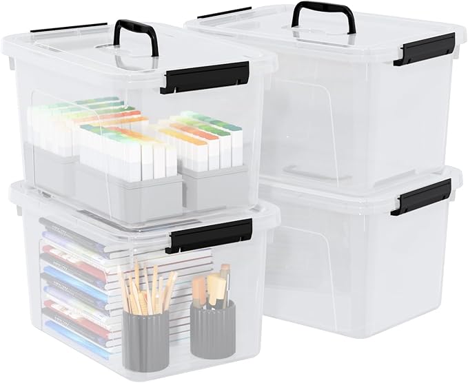 4-Pack 10 L Plastic Latching Box with Handle Clear Storage Containers Box for Organizing