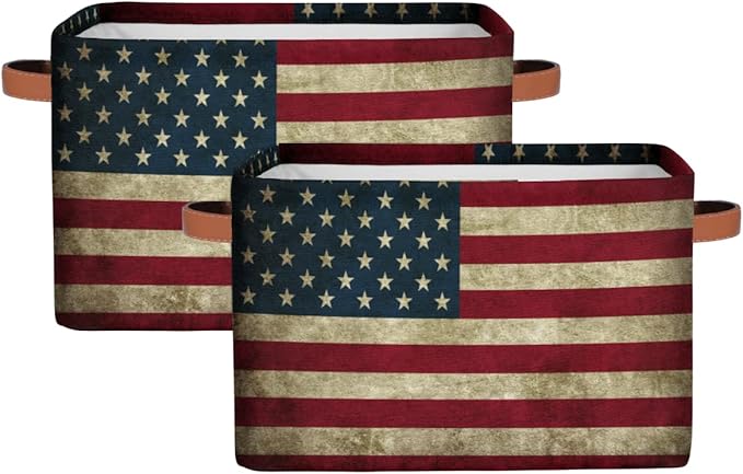 Pardick Storage Basket American USA Flag Large Foldable Organizer Storage Bins for Shelves Sturdy Canvas Cubes Storage Boxes with Handles for Toys Closet Nursery Office Living Room 15 x 11 x 9.5