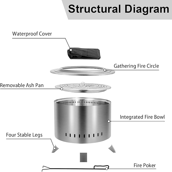Verdeluxe Smokeless Fire Pit22 Inch Stainless Steel Firepit Outdoor Wood Burning Fire Pit with CoverSmokeless Firepits for Outside Backyard Patio Garden Camping Bonfire