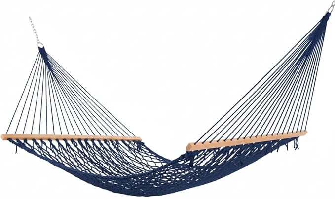 Castaway Living 13 ft. Double Traditional Hand Woven Navy Polyester Rope Hammock with Free Extension Chains and Tree Hook for 2 People with a Weight Capacity of 450 lbs.