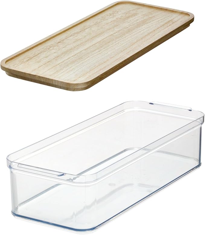 iDesign Recycled Plastic Crisp Storage Bin with Lid The Rosanna Pansino Collection – 15.74” L x 6.61” W x 4.13” H Clear Bin with Natural Wood Lid