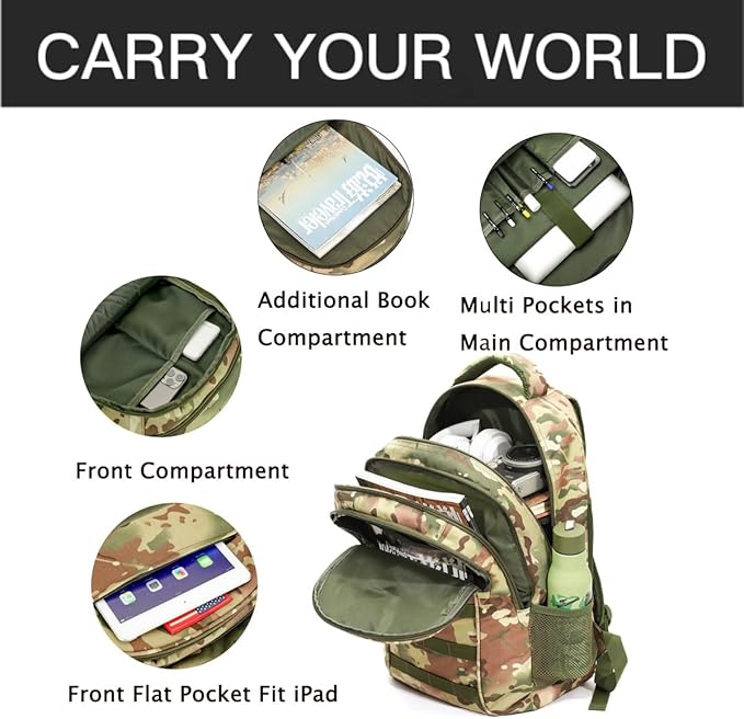 outdoor plus Camo BackpackMilitary Boys Backpacks for School40L Army Bookbag with USB Charging Port Waterproof
