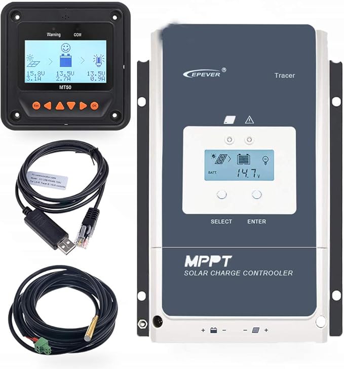 EPEVER 60A MPPT Solar Charge Controller 12/24/36/48VDC Automatically Identifying System Voltage with MT52 Remote Meter &amp Temperature Sensor RTS &amp Communication Cable RS485