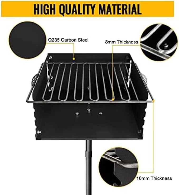 Park Style Charcoal Grill With Grate Single Post Carbon Steel 50 Inch Height Pole Heavy Duty Outdoor Park Grill For BBQ Camping Backyard16x16 Inch