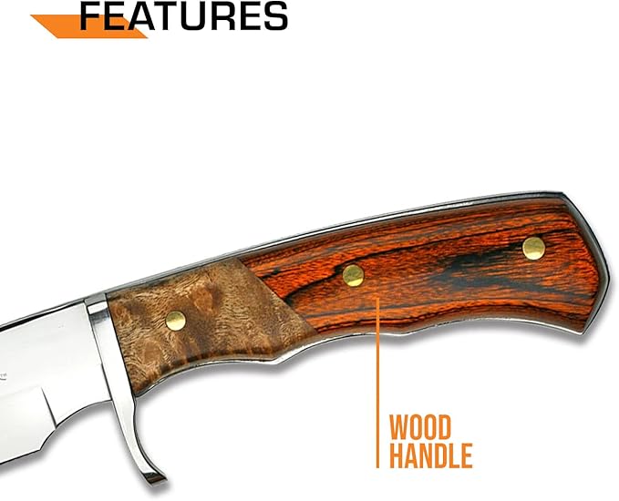 Elk Ridge - Fixed Blade Knife 9.5-in Overall Satin Finish Stainless Steel Blade 2 Tone burl Wood Handle Genuine Leather Sheath Hunting Camping Survival
