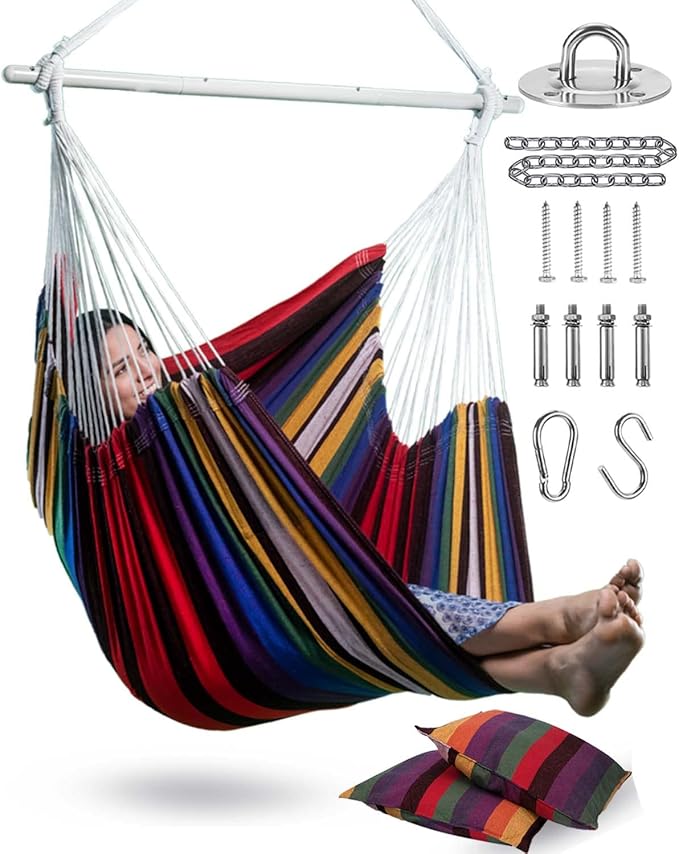XXL Hammock Chair Hanging Rope Swing with 2 Cushions - Max 500lbs-Perfect for Patio Porch Bedroom Backyard Indoor or Outdoor - Includes Hanging Hardware Kits Rainbow