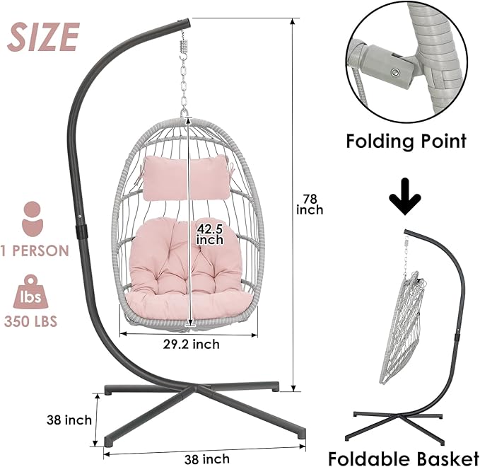 Hanging Egg Chair with Stand - Pink Swing Egg Chairs Wicker Rattan Hammock Chairs for Indoor Outdoor Bedroom Garden - Aluminum Steel Frame and UV Resistant Cushion 350LBS Capacity for Kids Adults