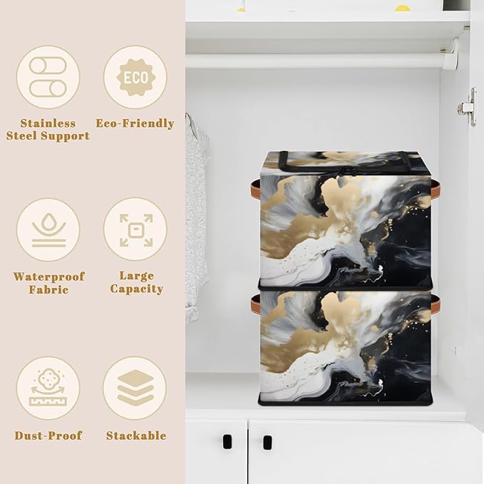 Marble Storage Bins with Zipper Lid Black Gold Marble Fabric Lidded Storage Baskets Cubes with Handles Decorative Foldable Shelf Closet Organizer Container