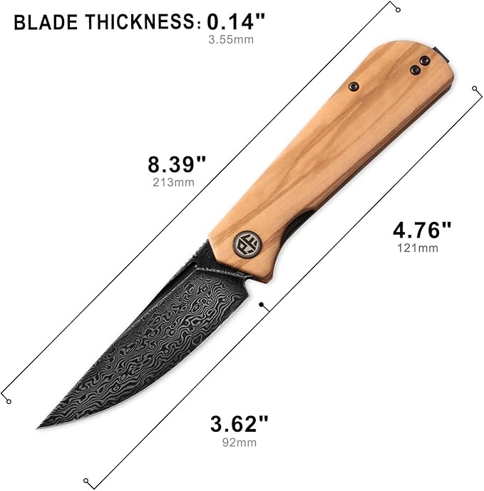 Petrified fish Pocket Knife PFP07 Viking 3.62 Damascus Steel Blade 3.95oz Olivewood Handle Front Flipper Liner lock Folding knife (Olivewood &amp Damascus Steel)