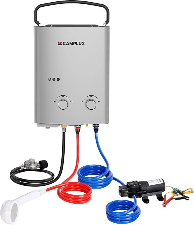 CAMPLUX ENJOY OUTDOOR LIFE 1.32 GPM Outdoor Portable Propane Tankless Water Heater with 1.2 GPM Water Pump Kits Gray