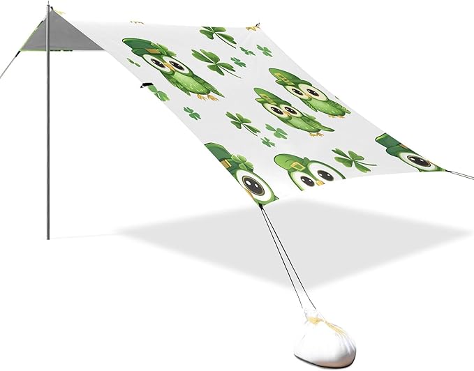 St. Patrick's Day Beach Canopy Sun Shelter with Sandbags &amp Sand Shovel &amp Windproof Ropes - Portable 110x126 Beach Shade Beach Tent for Camping Picnics