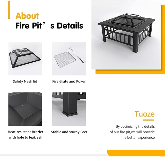 Tuoze 32-inch Fire Pits Outdoor Patio Metal Multifunctional Firepit Table with Waterproof Cover for Camping Bonfire Party Picnic BBQ Backyard Garden Outside Heatingblack