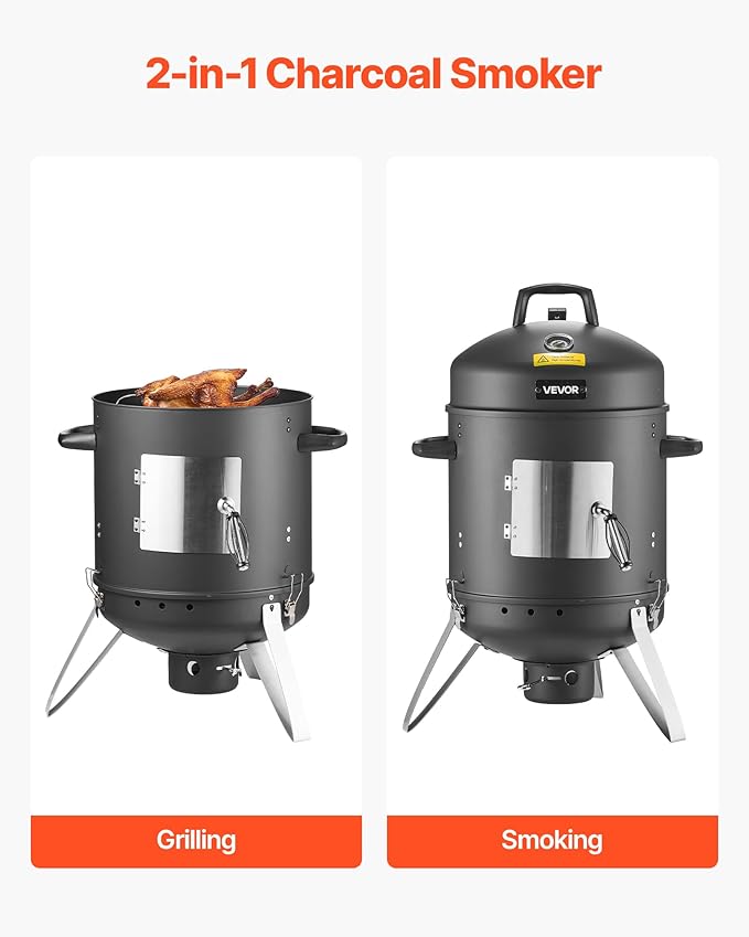 VEVOR Charcoal Smoker 16 Vertical Charcoal BBQ Grill Coated Steel Barbecue Smoker with 2 Grilling Grates Thermometer Air Vents &amp Removable Ash Tray Ideal for Backyard Patio Parties Cooking