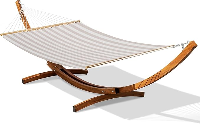 Lazy Daze Hammocks 12 FT 2 Person Double Quick Dry Textilene Hammock with Curved Steel Heavy Duty Stand for Outside Backyard Patio 450 Lbs Capacity Beige White Stripes