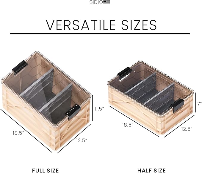 SIDIO Crate Pro Pack - 2 Full-Size &amp 1 Half-Size Heavy Duty Stackable Storage Bins Totes and Containers with Lids and Dividers - Durable Organizer for Home Office Garage and Outdoor Use