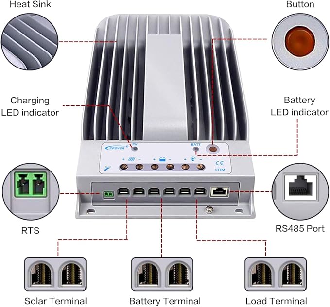 Epever 40A MPPT Solar Charge Controller Tracer BN Series Negative Ground 40 Amp Solar Panel Charge Controller 12V/24V Auto Identifying Intelligent Regulator Max. PV 150V
