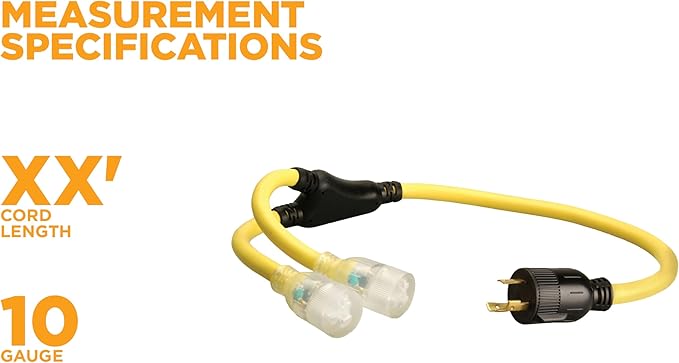 Coleman Cable 01915 3-Feet Generator Power Cord Adapter 10/3 Splitter Y Adapter L5-30P to (2) Lighted 5-20R
