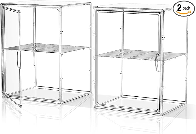Acrylic Clear Display Case Stackable Plastic Storage Bins with Shelf Figure Figurine Hobby Display Case with Magnetic Lid Large Acrylic Display Box for Collectibles Figures 2 Pack