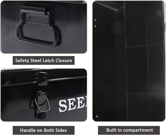 Seed Saving Box Metal Seed Bin Seed Storage Organizer Seed Packet Container with Lid Seed Envelope Storage Box 4 Compartments Garden Seed Bin with Safety Locks-Black