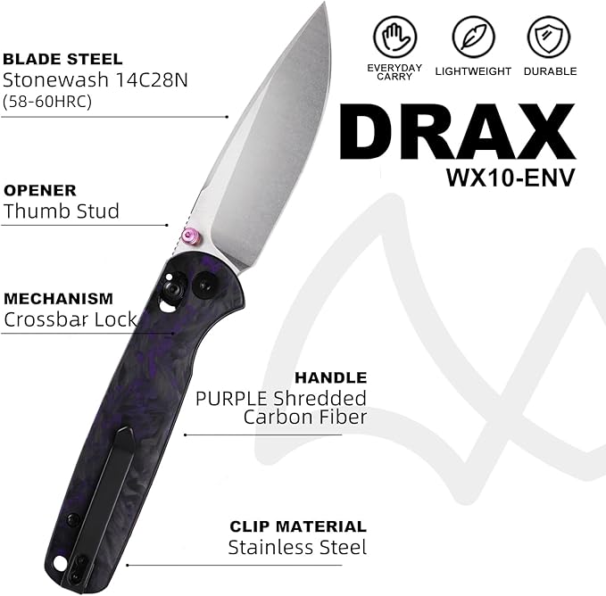 Folding Pocket Knife with Reversible Clip 3.23 14C28N Blade EDC Knife with Carbon Fiber Handle and Crossbar Lock Sharp Camping Hiking Hunting Survival Knives for Men (Purple)
