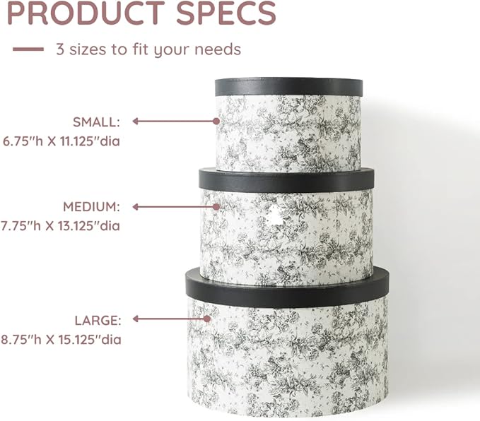 Soul &amp Lane Floral Hat Round Boxes with Lids Set of 3 Nesting Cardboard Hat Storage Large Black Print Cases Stacking Round Decorative Keepsake Boxes for Organizing