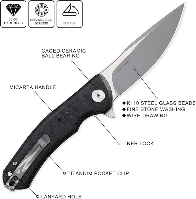 Petrified fish K110 Steel 949 Folding Knife Carbon Fiber G10 Handle Ceramic Ball bearings Camping Hunting Knives EDC tool (Black)