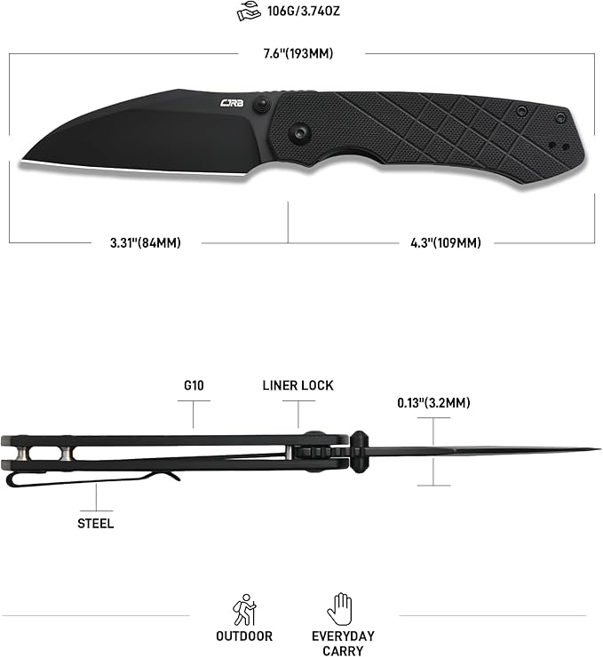 CJRB Kestrel Folding Pocket Knife with 3.31'' AR-RPM9 Steel Blade G10 Handle EDC Knife for Men Women Outdoor Survival Camping Hiking Designed by Ray Laconico(J1962 Black)