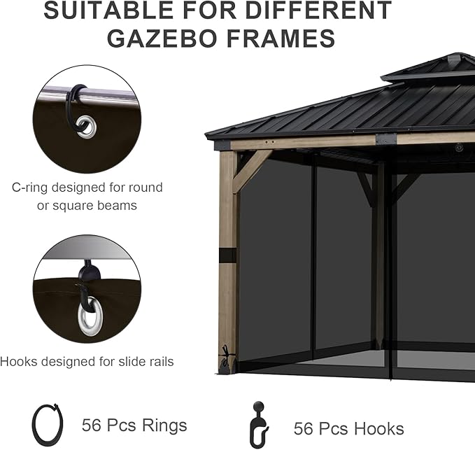 BPS 10' x 10' Gazebo Universal Mosquito Netting Screen Replacement 4-Panel Mesh Screen Walls with Double Zippers for Outdoor Patio Khaki (Mosquito Net Only)