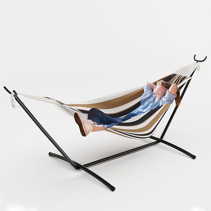 Double Cotton Hammock with Steel Stand for Outside Brazilian Style 450lbs Capacity Portable Indoor Outdoor Lounger with Carry Bag 2-Person Capacity Ideal for Backyard Garden Camping Brown