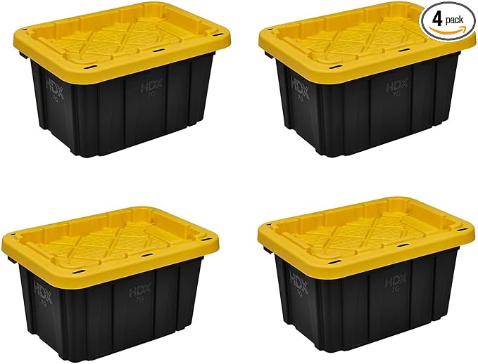 7 Gallon Heavy-Duty Stackable Storage Bins with Lids Black Professional Grade Organizers with Reinforced Yellow Snap-Fit Lids (Pack of 4)