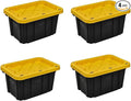 7 Gallon Heavy-Duty Stackable Storage Bins with Lids Black Professional Grade Organizers with Reinforced Yellow Snap-Fit Lids (Pack of 4)