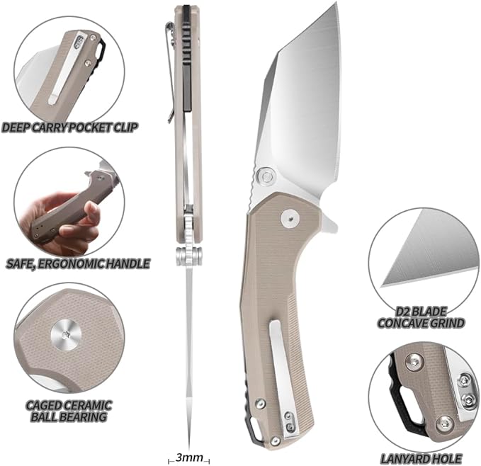 ioko Folding Pocket Knife 3.5-Inch D2 Steel Blade G10 Handle EDC Camping Survival Knife with Clip (Brown)