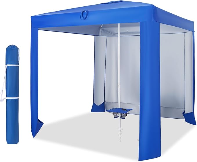KOTEK 6.6'x6.6' Beach Cabana Portable Beach Shade Canopy with Sand Anchor Cup Holders &amp Sandbags Included Detachable Side Wall &amp Carrying Bag UPF 50+ Protection Easy Setup Beach Tent for