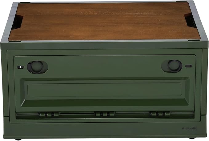 Navaris Camping Storage Box Green - 35L Foldable Bin with Pine Wood Lid - Collapsible Folding Crate - Easy to Disassemble Plastic Storage Crates - Stackable Design with Wheels
