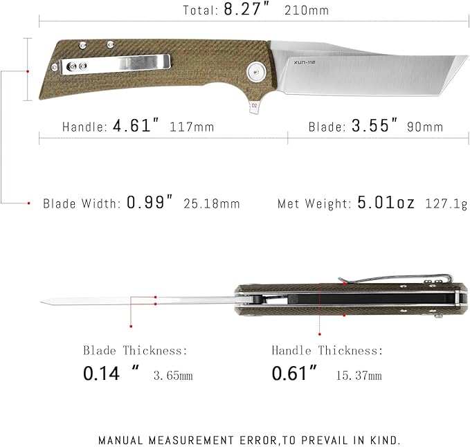 XUN112-GMS Folding KnifeMicarta with Clip3.55 Inch D2 Steel Satin Tanto Plain Edge BladeEDC with Flipper OpenEveryday Carry Pocket Knife for Men/Women