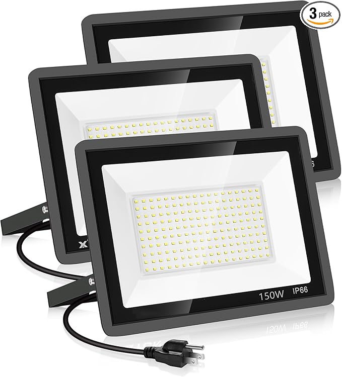 YANYCN 3 Pack 150W LED Flood Light OutdoorSuper Bright Exterior Security Light with PlugIP66 Waterproof Flood Light 15500LM 5000K Daylight White Floodlight for Yard GardenBasketball Court Arena
