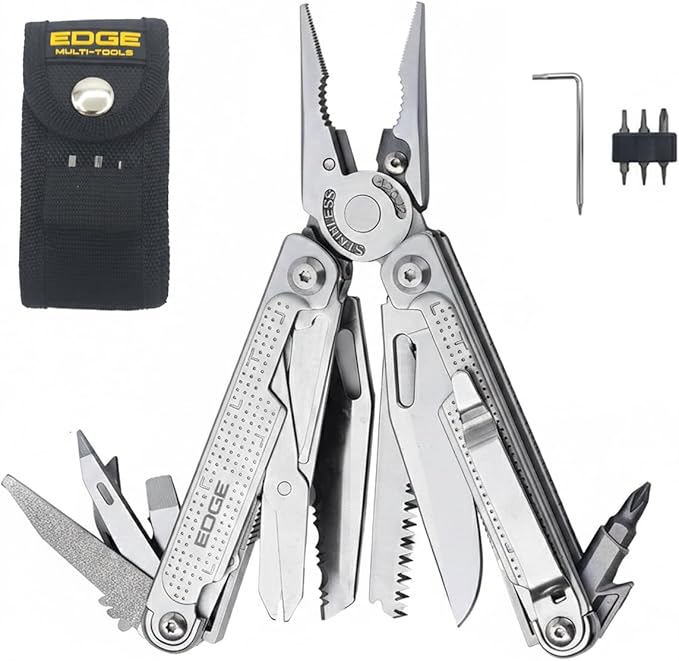 EDGE Multi-Tool Pliers 14-in-1 Stainless Steel Multitool with Knife Saw Scissors Wire Cutter &amp Screwdriver Bits Compact Folding Pocket Tool for Camping Survival Fishing &amp Car Emergency