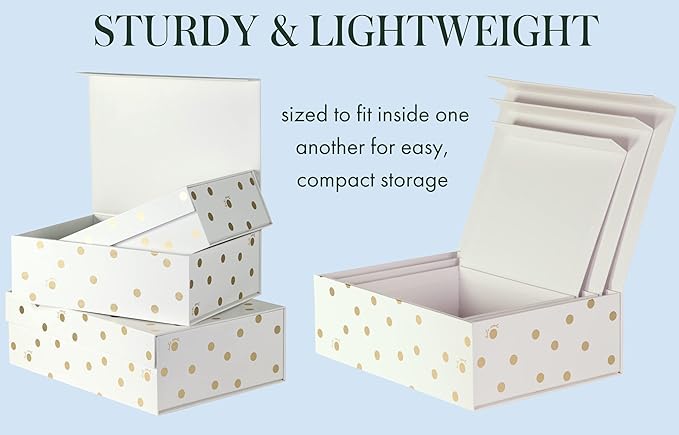 kate spade new york Decorative Storage Boxes with Lids 3 Pack Sturdy Organizer Storage Bins Includes Small Medium Large Pink Nesting Boxes with Magnetic Closure Gold Dot with Script