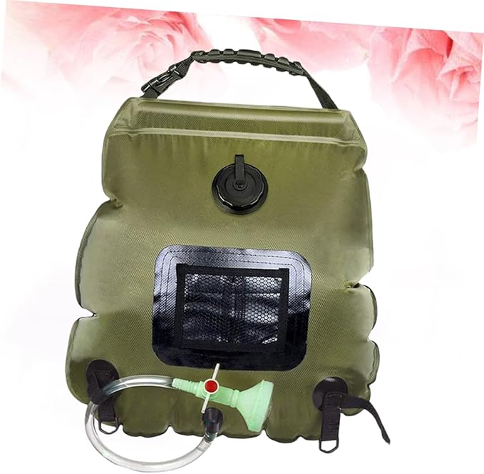 Solar Shower Bag for Camping Hiking Outdoor Activities Portable Water Storage with Shower Nozzle Easy to Use Displays Water Temperature Olive Green