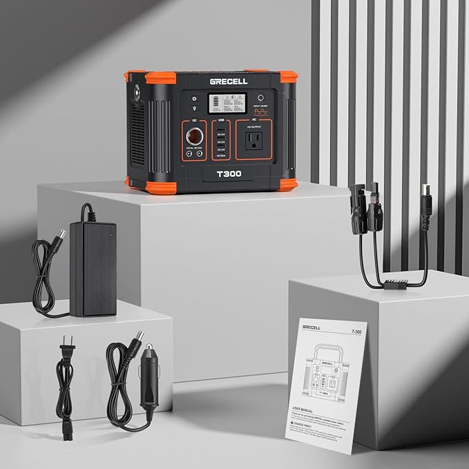 GRECELL Portable Power Station 300W (Peak 600W)GRECELL 288Wh Solar Generator with 60W USB-C PD Output 110V Pure Sine Wave AC Outlet Backup Lithium Battery for Outdoors Camping Travel RVs