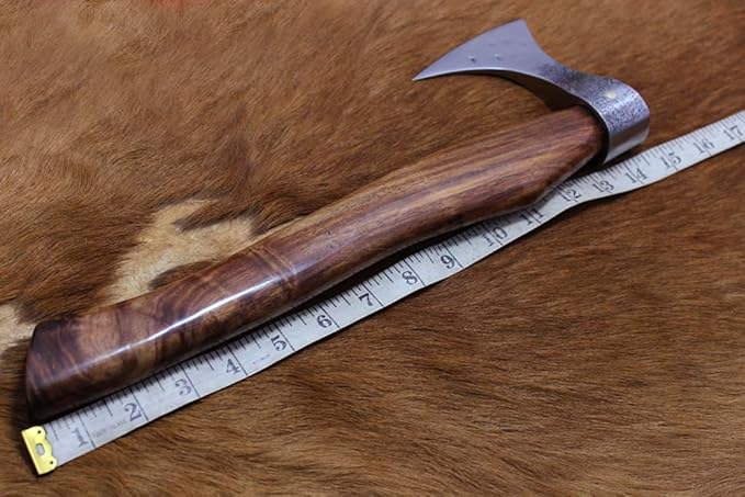 Damascus Depot Tomahawk Axe Bearded Hiking Battle Axe 15 Inches Long Hand Hammered Carbon Steel Axe with Rose Wood Round Handle Thick Cow Hide Leather Sheath
